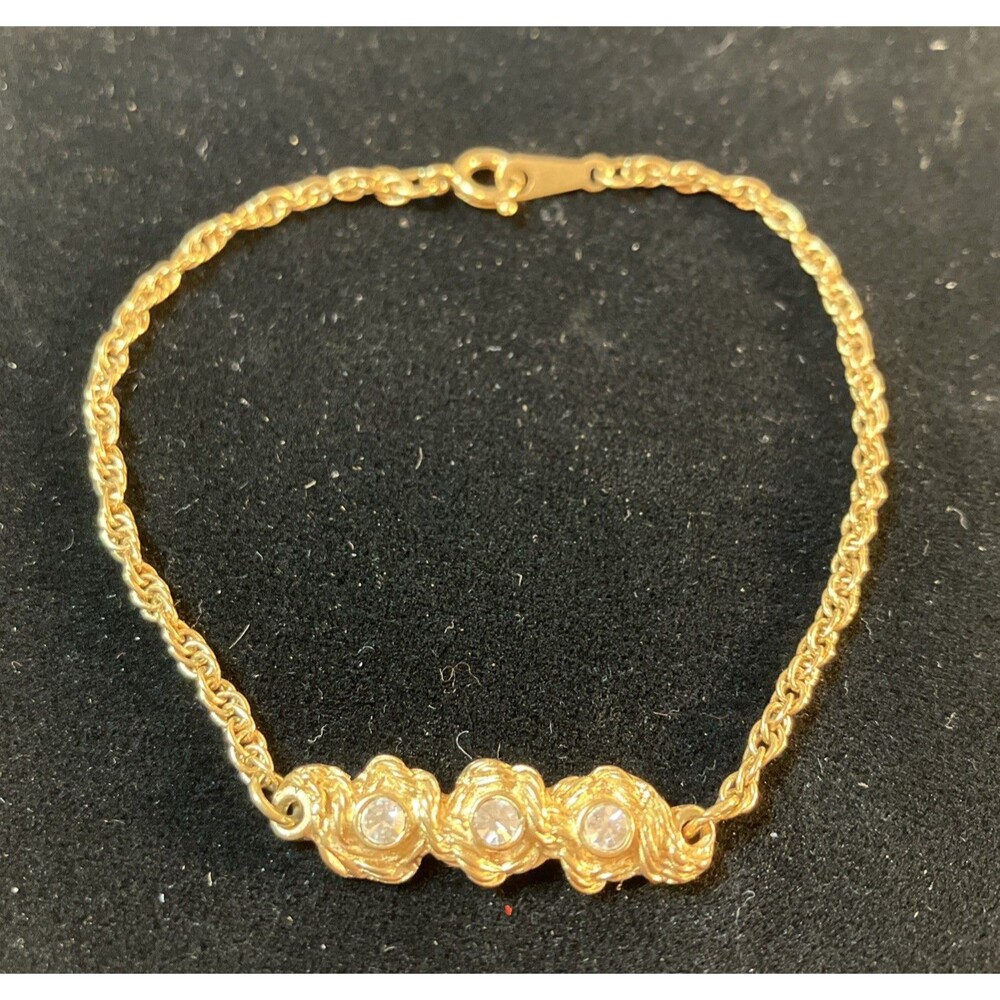 VTG Avon dainty gold tone Rope bracelet 3 Clear rhinestones 7.5” Nautical EUC